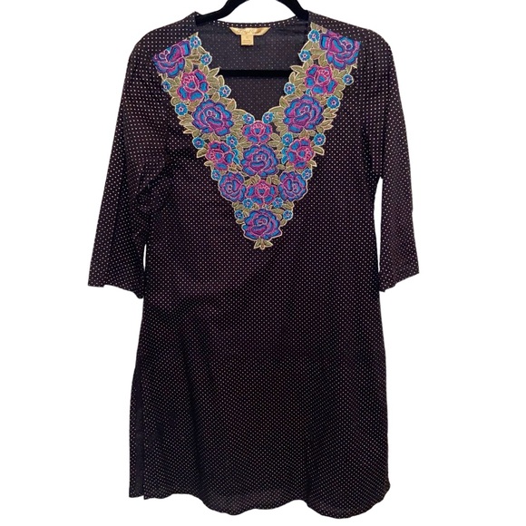 April Cornell Tunic Dress Top Womens XS Embroidered Polka Dot Boho India Made - Picture 1 of 12